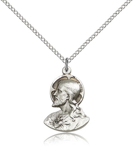 Head of Christ Medal, Sterling Silver - 18&quot; 1.2mm Sterling Silver Chain + Clasp