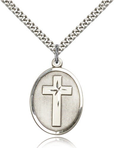 Cross Pendant, Sterling Silver - 24&quot; 2.4mm Rhodium Plate Endless Chain