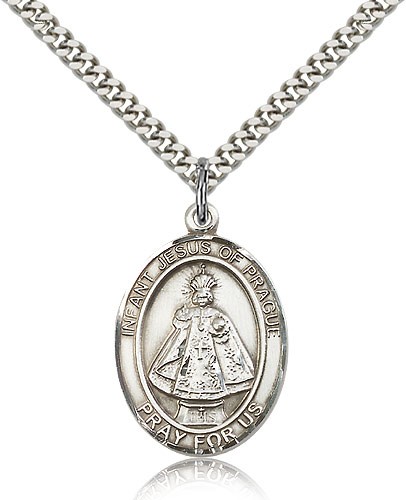 Infant of Prague Medal, Sterling Silver, Large - 24&quot; 2.4mm Rhodium Plate Chain + Clasp