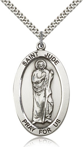 St. Jude Medal, Sterling Silver - 24&quot; 2.4mm Rhodium Plate Endless Chain