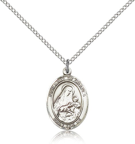 Our Lady of Grapes Medal, Sterling Silver, Medium - 18&quot; 1.2mm Sterling Silver Chain + Clasp