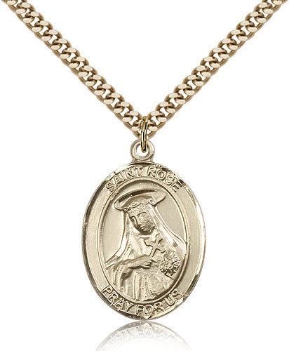 St. Rose of Lima Medal, Gold Filled, Large - 24&quot; 2.4mm Gold Plated Chain + Clasp