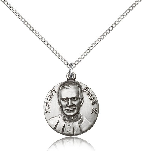 Pope Pius X Medal, Sterling Silver - 18&quot; 1.2mm Sterling Silver Chain + Clasp