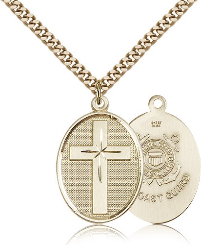 Coast Guard Cross Pendant, Gold Filled - 24&quot; 2.4mm Gold Plated Endless Chain