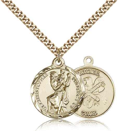 St. Christopher National Guard Medal, Gold Filled - 24&quot; 2.4mm Gold Plated Endless Chain