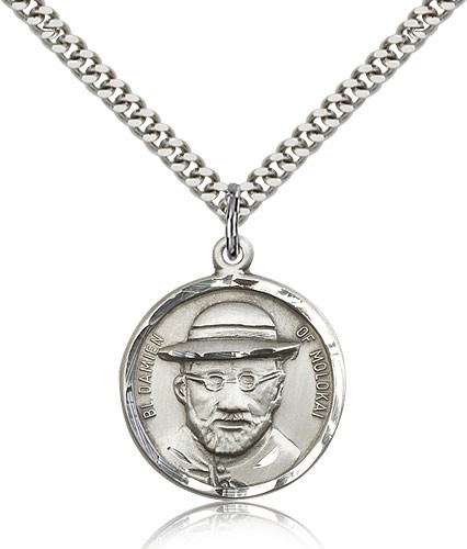 Blessed Damian of Molokai Medal, Sterling Silver - 24&quot; 2.4mm Rhodium Plate Endless Chain