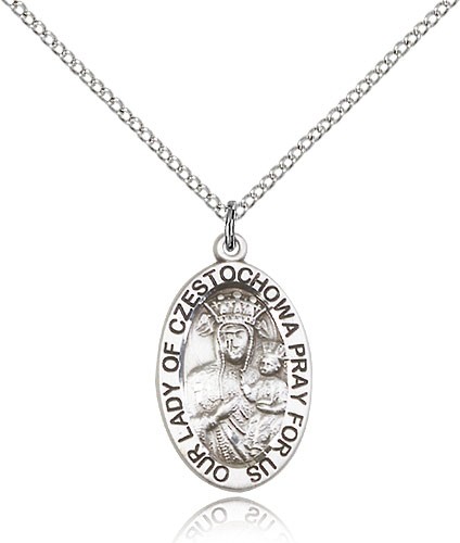 Our Lady of Czestochowa Medal, Sterling Silver - 18&quot; 1.2mm Sterling Silver Chain + Clasp