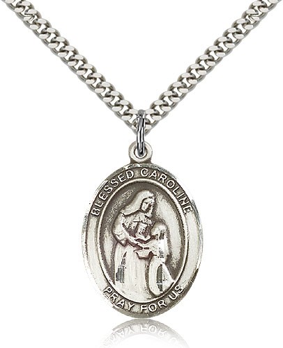 Blessed Caroline Gerhardinger Medal, Sterling Silver, Large - 24&quot; 2.4mm Rhodium Plate Chain + Clasp
