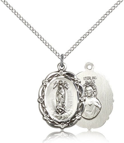 Our Lady of Guadalupe Medal, Sterling Silver - 18&quot; 1.2mm Sterling Silver Chain + Clasp