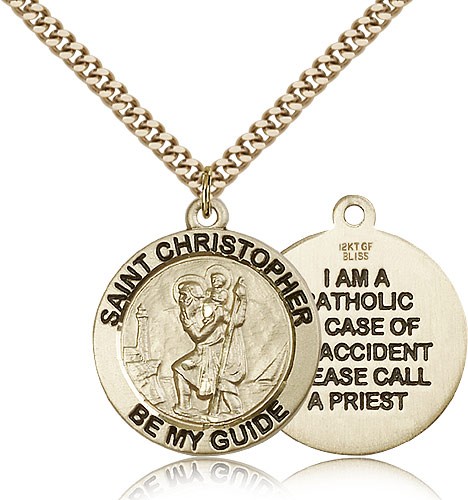 Men's Round 14kt Gold Filled Double Sided St. Christopher Be My Guide Medal - 24&quot; 2.4mm Gold Plated Endless Chain