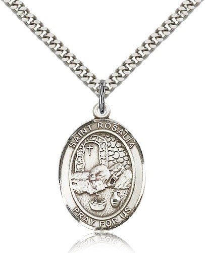 St. Rosalia Medal, Sterling Silver, Large - 24&quot; 2.4mm Rhodium Plate Chain + Clasp
