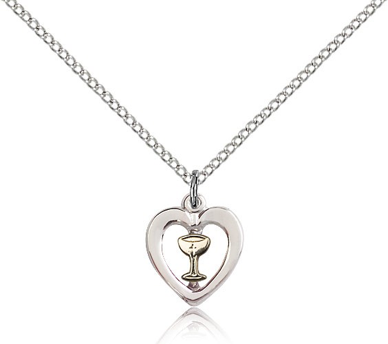 Heart Chalice Medal, Two-Tone - 18&quot; 1.2mm Sterling Silver Chain + Clasp