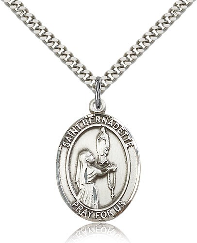 St. Bernadette Medal, Sterling Silver, Large - 24&quot; 2.4mm Rhodium Plate Chain + Clasp