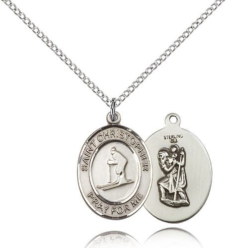 St. Christopher Skiing Medal, Sterling Silver, Medium - 18&quot; 1.2mm Sterling Silver Chain + Clasp
