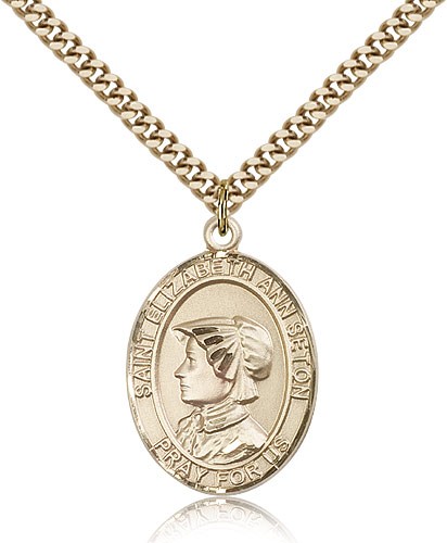 St. Elizabeth Ann Seton Medal, Gold Filled, Large - 24&quot; 2.4mm Gold Plated Chain + Clasp