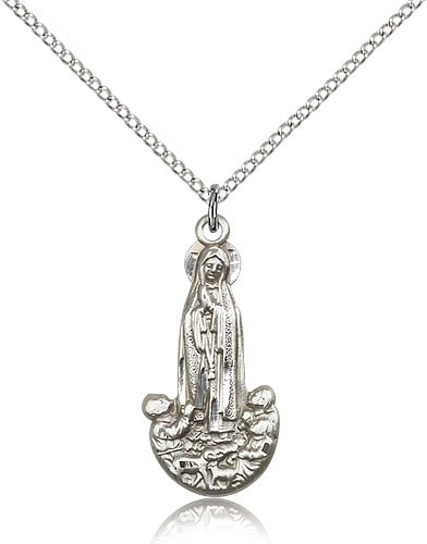 Our Lady of Fatima Medal, Sterling Silver - 18&quot; 1.2mm Sterling Silver Chain + Clasp