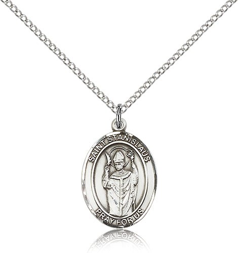 St. Stanislaus Medal, Sterling Silver, Medium - 18&quot; 1.2mm Sterling Silver Chain + Clasp