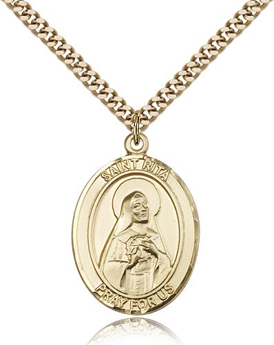 St. Rita of Cascia Medal, Gold Filled, Large - 24&quot; 2.4mm Gold Plated Chain + Clasp
