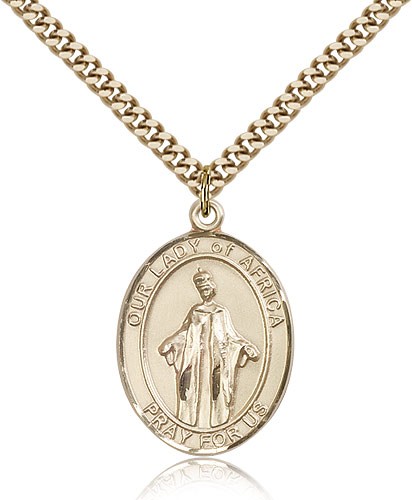 Our Lady of Africa Medal, Gold Filled, Large - 24&quot; 2.4mm Gold Plated Chain + Clasp