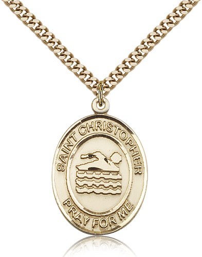 St. Christopher Swimming Medal, Gold Filled, Large - 24&quot; 2.4mm Gold Plated Chain + Clasp