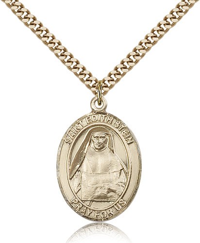 St. Edith Stein Medal, Gold Filled, Large - 24&quot; 2.4mm Gold Plated Chain + Clasp