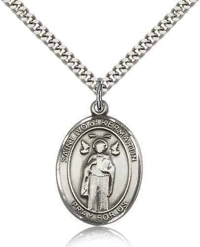 St. Ivo Medal, Sterling Silver, Large - 24&quot; 2.4mm Rhodium Plate Chain + Clasp