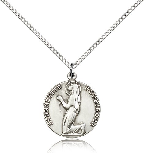 St. Bernadette Medal, Sterling Silver - 18&quot; 1.2mm Sterling Silver Chain + Clasp