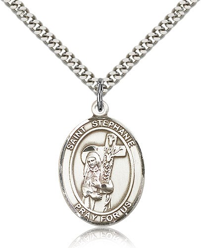 St. Stephanie Medal, Sterling Silver, Large - 24&quot; 2.4mm Rhodium Plate Chain + Clasp