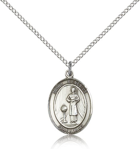 St. Genesius of Rome Medal, Sterling Silver, Medium - 18&quot; 1.2mm Sterling Silver Chain + Clasp