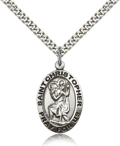 St. Christopher Medal, Sterling Silver - 24&quot; 2.4mm Rhodium Plate Endless Chain