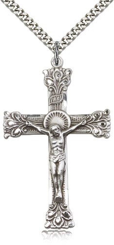 Crucifix Pendant, Sterling Silver - 24&quot; 2.4mm Rhodium Plate Endless Chain