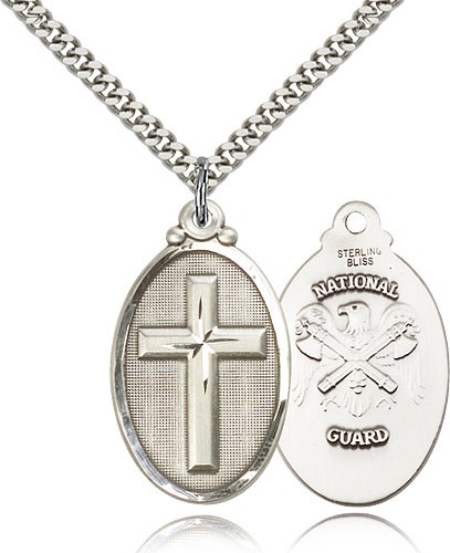 National Guard Cross Pendant, Sterling Silver - 24&quot; 2.4mm Rhodium Plate Endless Chain