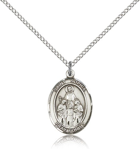 St. Sophia Medal, Sterling Silver, Medium - 18&quot; 1.2mm Sterling Silver Chain + Clasp