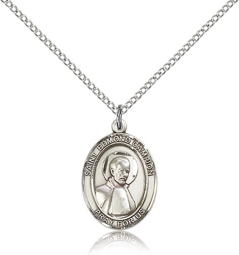 St. Edmund Campion Medal, Sterling Silver, Medium - 18&quot; 1.2mm Sterling Silver Chain + Clasp