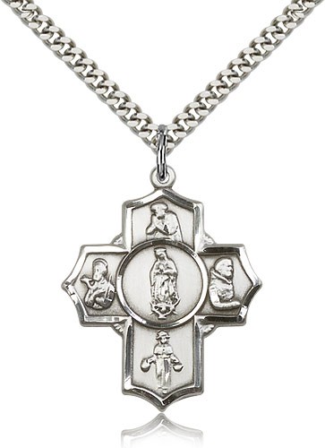 Guadalupe Dieg Pio/Xav Nino Medal, Sterling Silver - 24&quot; 2.4mm Rhodium Plate Endless Chain