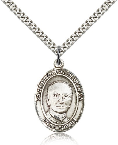 St. Hannibal Medal, Sterling Silver, Large - 24&quot; 2.4mm Rhodium Plate Chain + Clasp