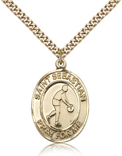 St. Sebastian Basketball Medal, Gold Filled, Large - 24&quot; 2.4mm Gold Plated Chain + Clasp