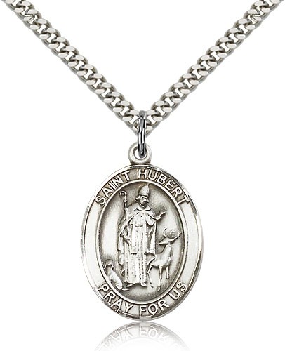 St. Hubert of Liege Medal, Sterling Silver, Large - 24&quot; 2.4mm Rhodium Plate Chain + Clasp