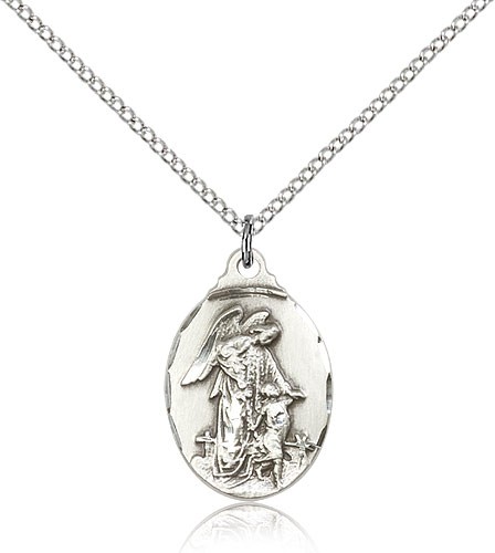 Guardian Angel Medal, Sterling Silver - 18&quot; 1.2mm Sterling Silver Chain + Clasp