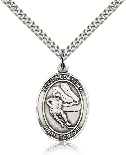 St. Sebastian Hockey Medal, Sterling Silver, Large - 24&quot; 2.4mm Rhodium Plate Chain + Clasp