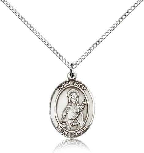 St. Lucia of Syracuse Medal, Sterling Silver, Medium - 18&quot; 1.2mm Sterling Silver Chain + Clasp