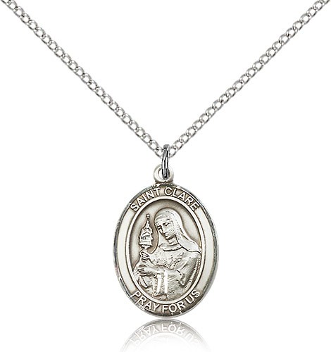 St. Clare of Assisi Medal, Sterling Silver, Medium - 18&quot; 1.2mm Sterling Silver Chain + Clasp