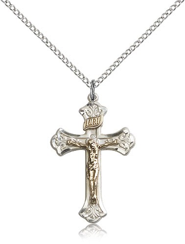 Crucifix Pendant, Two-Tone - 18&quot; 1.2mm Sterling Silver Chain + Clasp