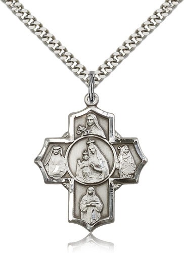 Mt Carmel 4 Way Cross Pendant, Sterling Silver - 24&quot; 2.4mm Rhodium Plate Endless Chain