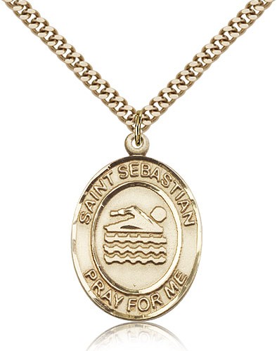 St. Sebastian Swimming Medal, Gold Filled, Large - 24&quot; 2.4mm Gold Plated Chain + Clasp