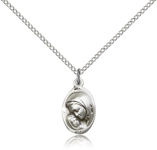 Madonna and Child Medal, Sterling Silver - 18&quot; 1.2mm Sterling Silver Chain + Clasp