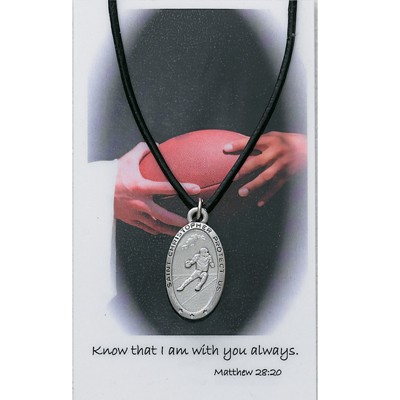 Boy's St. Christopher Football Medal with Leather Chain and Prayer Card Set - Silver-tone