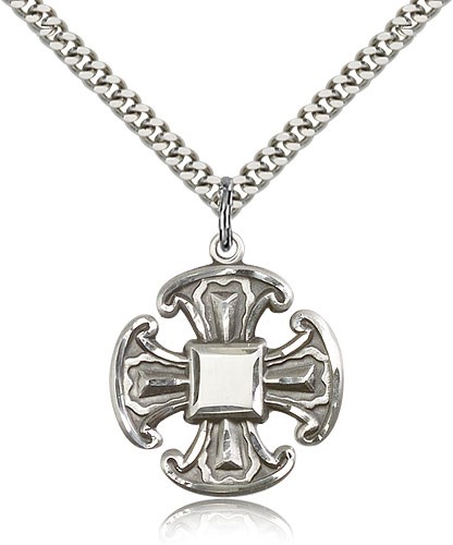 Cross Pendant, Sterling Silver - 24&quot; 2.4mm Rhodium Plate Endless Chain