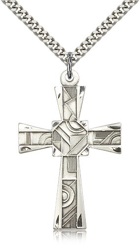Mosaic Cross Pendant, Sterling Silver - 24&quot; 2.4mm Rhodium Plate Endless Chain
