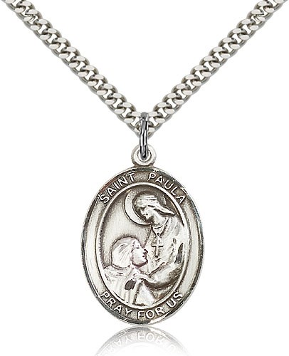 St. Paula Medal, Sterling Silver, Large - 24&quot; 2.4mm Rhodium Plate Chain + Clasp